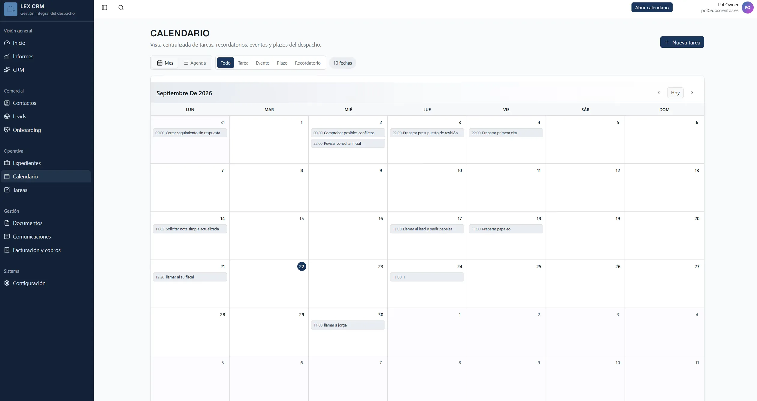Calendario de tareas y citas en LEX