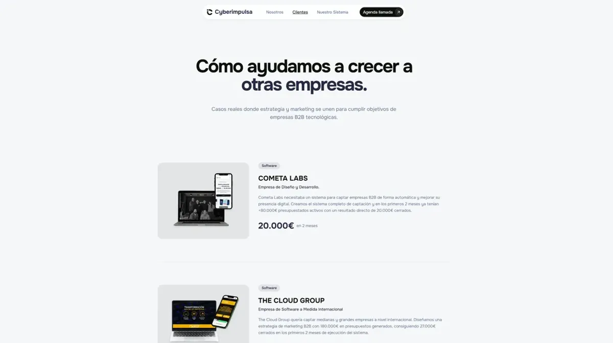 Sección de casos de éxito de la landing de Cyberimpulsa con métricas reales de captación B2B
