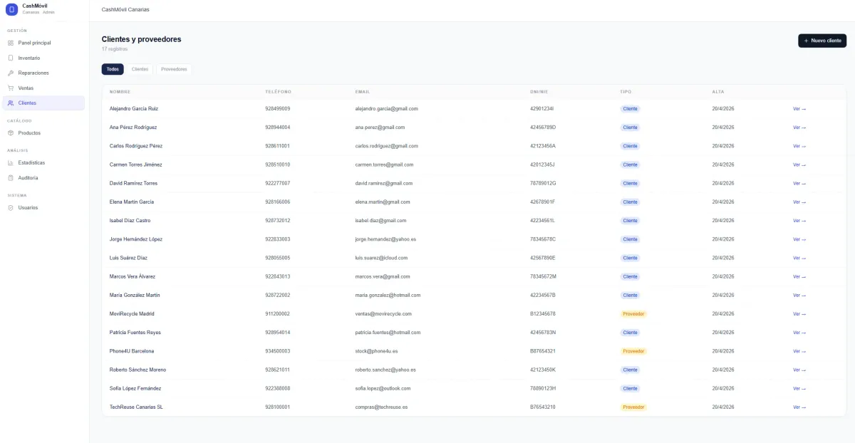 Backoffice de CashMóvil Canarias con historial unificado de cliente: compras, garantías y reparaciones
