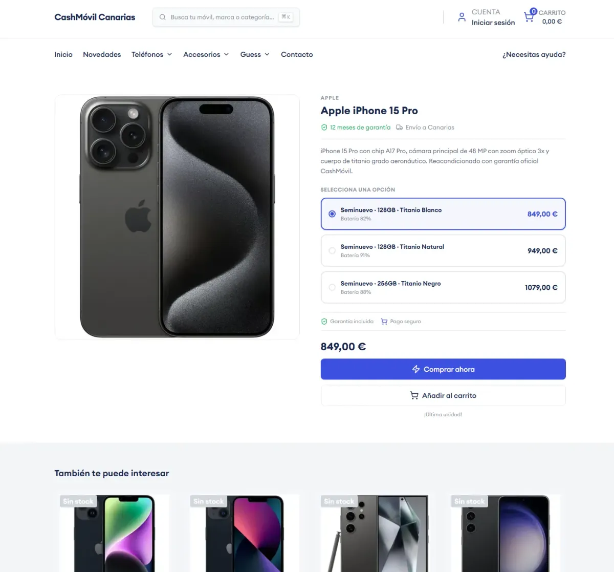 Ficha de producto del ecommerce a medida de CashMóvil Canarias con inventario por IMEI y estado del dispositivo