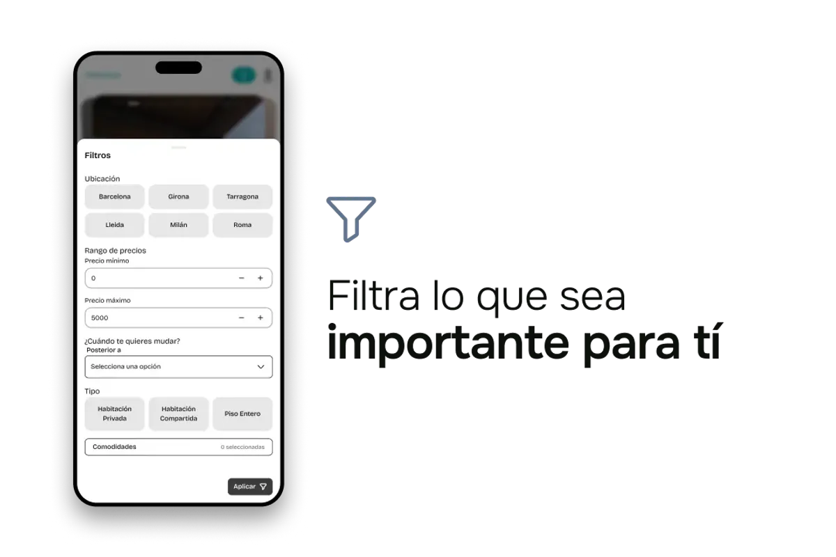 Pantalla de filtros avanzados de búsqueda en el MVP de Flatmatch