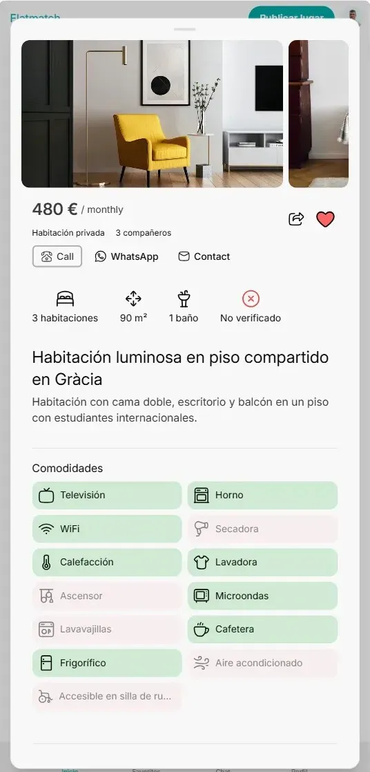 App móvil de Flatmatch mostrando un flujo de búsqueda