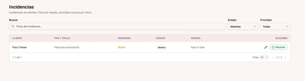 Tabla de seguimiento de incidencias y tickets en portal de cliente - Proyecto Optinergia