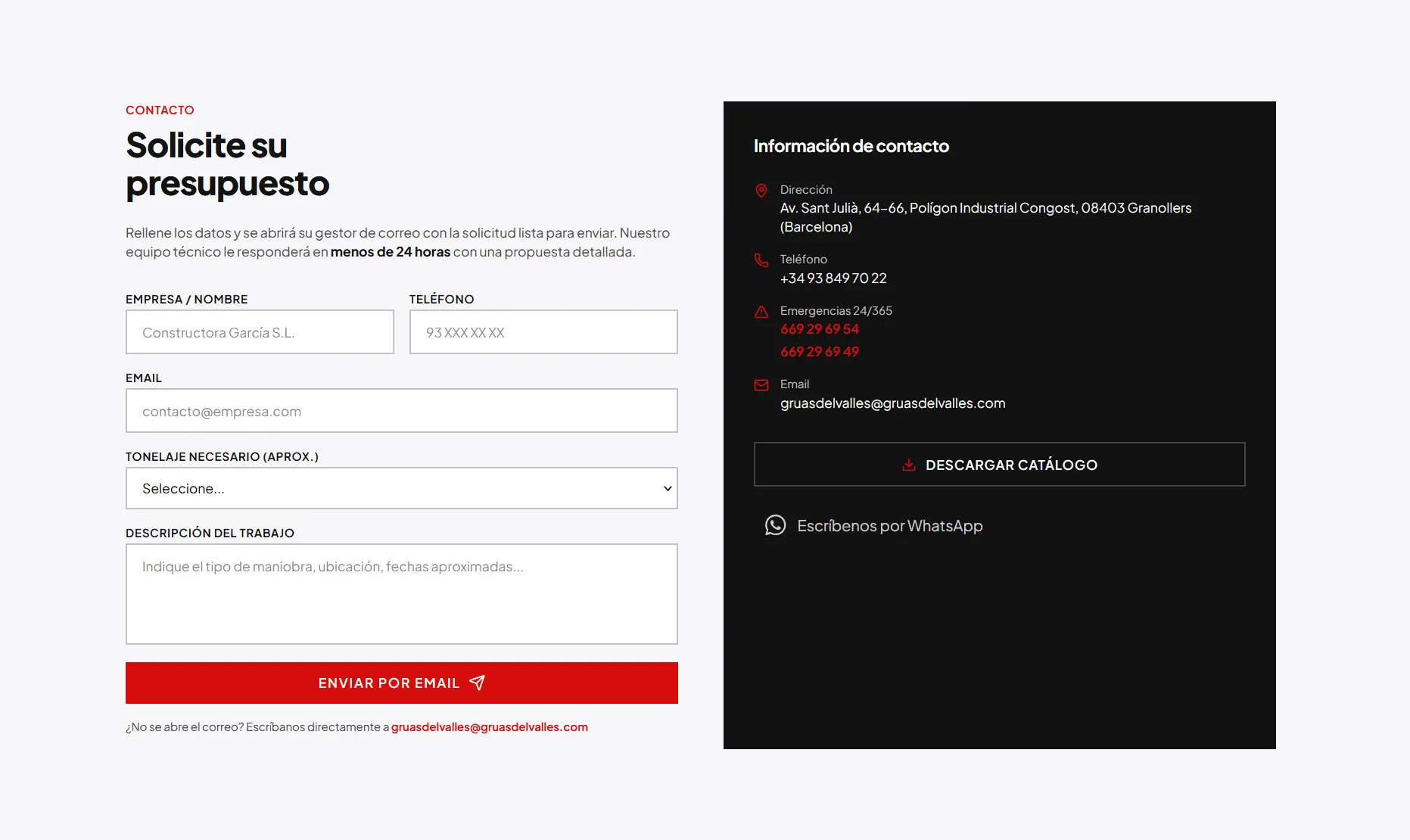 Sección de contacto de la web de Grúas del Vallès