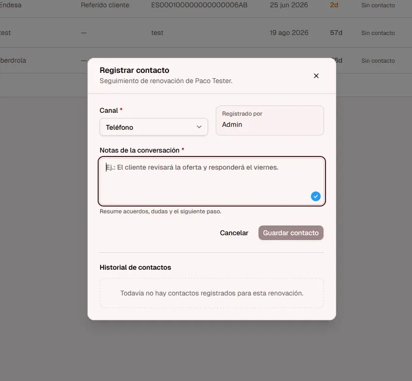 Diálogo de registro de contacto de renovación