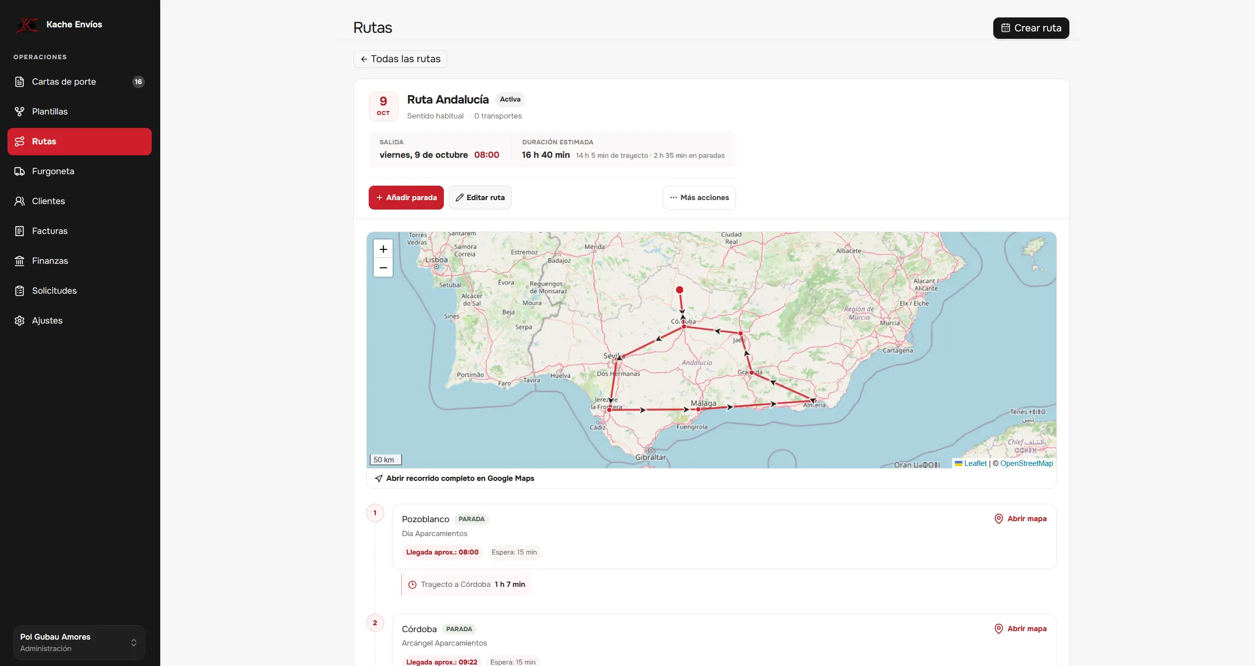 Gestión de rutas en Kache Envíos